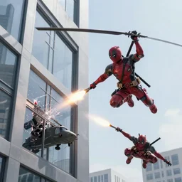 militarily helicopter firing missiles and Deadpool leaps off smashes through high rise window, explosions, by Michael Bay