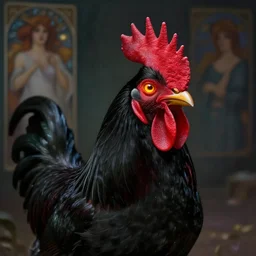 one singular portrait of a cute bioluminescent black rooster with glowing red and yellow eyes, highly detailed, digital painting, cinematic, hyper realism, dark retrowave, art by stanley lau and artgerm and magali villeneuve and alphonse mucha, artstation, octane render, cgsociety