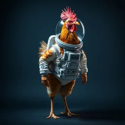 studio photo still of a full body chicken in a space suit, 8 k, studio lighting, key light from right side