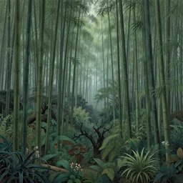 bamboo forest, lot of exotic vegetation, trees, flowers, dull colors, in the foggy huge forest, by victo ngai and moebius, hyperrealism, intricate detailed