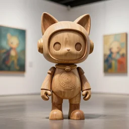 3 d octane render ultra 8 k photorealistic hyper detailed unreal engine a vhs futurepunk concept art, trending on cgsociety artwork masterpiece in a contemporary art gallery lossless quality wooden sculpture statue on feet art toys a very cute mystical robot of the bohemian with cats ears, by moebus