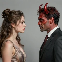 a headshot of a beautiful woman wearing a dress and a demon wearing a suit facing each other!!!!!!!!!!, fantasy character portrait, ultra realistic, wide angle, highly detailed, artwork by peter mohrbacher, boris vallejo, craig mullins