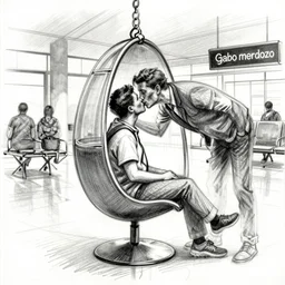 a sketch drawing, kiss on a hanging chair at the airport by gabo mendoza, trending on artstation