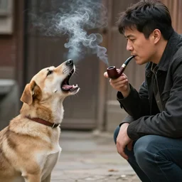 Dog yells at man who is ignoring her smoking a pipe