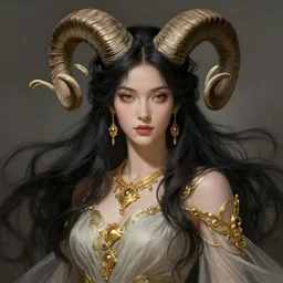 a beautiful woman with long black hair, big natural ram horns on her head, flowing dress, gold jewellery, dnd, face, fantasy, intricate, elegant, highly detailed, digital painting, artstation, concept art, smooth, sharp focus, illustration, art by artgerm and greg rutkowski and alphonse mucha