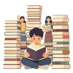 a boy reading a book who is surrounded by books towering over, clean cel shaded vector art. shutterstock. behance hd by lois van baarle, artgerm, helen huang, by makoto shinkai and ilya kuvshinov, rossdraws, illustration