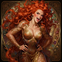 cheaky ginger, confident, bold, passionate , seductive, expressive, charismatic, very sweaty, intricate fashion clothing, insane, intricate, highly detailed, digital painting, artstation, concept art, smooth, sharp focus, illustration, Unreal Engine 5, 8K, art by artgerm and greg rutkowski and alphonse mucha
