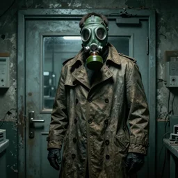 UHD hyperrealistic photorealistic detailed image of a man in a  rugged, worn trench coat wearing a gas mask, standing in front of an laboratory door, in a ruined and dark underground lab, readying himself for combat with a green undertone, inspired by the Stalker video game series