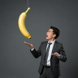 a stock photo of a man in an office suit being scared of a new type of banana. banana is hanging from the ceiling, man is backing away from it. dark grey background, professional stock footage, studio lighting, 4 k