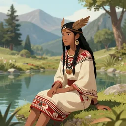 inka harpy girl, wearing inka clothes, sitting at a pond, mountainous area, trees in the background, digital art
