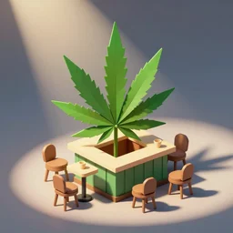 isometric cartoon of cannabis leaf cafe. by benoit mandelbrot, low poly minimal desks and chairs design