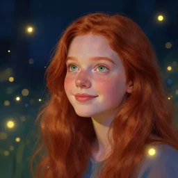 photorealistic portrait of a red haired girl with a round beautiful face, soft smile, long hair, green eyes, hint of freckles, golden ratio, amazed by the fireflies in a wonderful lights, colorful digital art by artgerm
