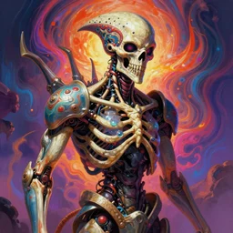 a psychedelic portrait of omin dran skeletal phyrexian cyborg psion, vibrant color scheme, highly detailed, in the style of romanticism, cinematic, artstation, moebius, greg rutkowski