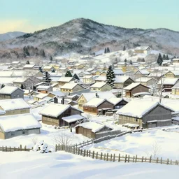 japanese rural town, winter, in the style of studio ghibli, j. c. leyendecker, greg rutkowski, artem