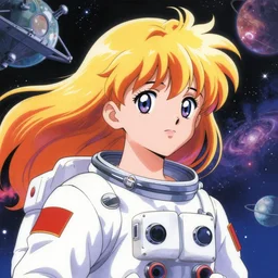 dreamy portrait of a young astronaut girl, flowing hair,  Hisashi Eguchi, Murata Range, synthwave, cosmic, kawaii,bright colors, big anime eyes,studio lighting, manga, anime, 1980s, vibrant, gradation, Jean Giraud, Mucha,((space  background planets nebula space-station))