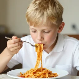 blond boy eating spaghetti in white shirt, realistic