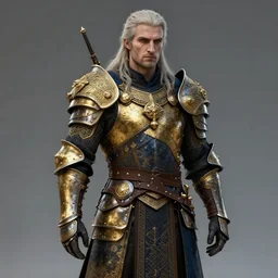 geralt from syria in osmanian armor, new costume concept design with metal sholders and ornaments on the armor, witcher, oriental armor, fashion, colors with gold and dark blue, concept art, by artgerm, greg rutkowski, cinematic light, featured on artstation, octane render, sharp focus, ray tracing, artstationhq, cgsociety, 8 k.