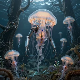 Cyborg biomechanical jellyfish forest. By Konstantin Razumov, highly detailded