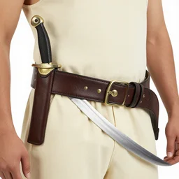 a photo of a waist with a weapons belt with a curved long egyptian sword in a scabbard and a knife