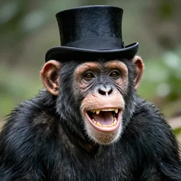 a hyperrealistic portrait of a laughing chimpanzee, with a top hat. photorealistic, highly detailed