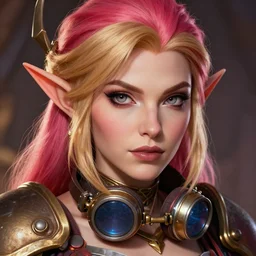 still from arcane : league of legends of head and shoulders portrait, female artificer, gray eyes, welding goggles around neck, strawberry blonde, elf, d & d, steampunk, by artgerm, facial detail, extremely detailed, comic book cover photo