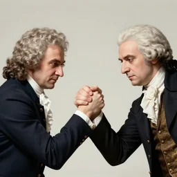 a photo of bach and mozart hand wrestling