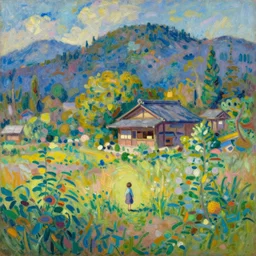 tiny character in front of a beautiful japanese country side landscape, amazing ryokan, lofi vibe, vivide colors, amazing light, really beautiful nature, oil painting, impressionist style, by jeremy lipkin, by claude monet, by ghibli, kandinsky touches, multiple brush strokes, masterpiece, scene by hokusai