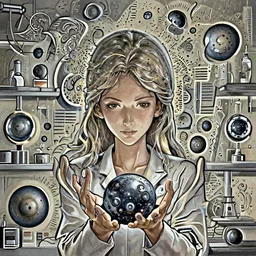 a portrait of a beautiful female scientist in a laboratory holding a black hole with her hands, anime art, symmetrical facial features, symmetrical proportions, smooth, stylised, elegant, detailed and subtle, illustration, 4k wallpaper, by raphaelle deslandes