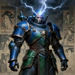 composition portrait of gothic and futuristic, warhammer, cyber japan style armor, more and more scars, thunderstorm, lighting head, dodgerblue and darkgreen, highly detailed, artstation, in the style of moebius, jugendstil and classic japanese print, art by jean delville and rene magritte