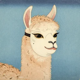 japanese color woodblock print of a llama wearing a noh mask.