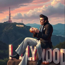 elvis, eating donuts, sitting on the h hon the hollywood sign, trending on artstation, 4 k