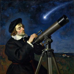 painting by mikalojus konstantinas ciurlionis. portrait of astronomer asleep at the telescope. comet