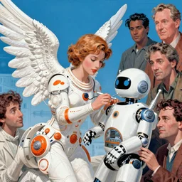 a beautiful space angel fixing an android by dan mumford and josan gonzalez and gil elvgren and william etty and norman rockwell, vibrant, white outfit, highly detailed, intricate, orange details, blue sky, comic lines, hyperrealism