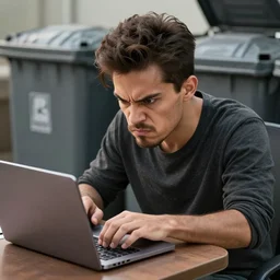 realistic bum using laptop near trashcans, angry, highly detailed, intricate, sharp focus, digital art, 8 k