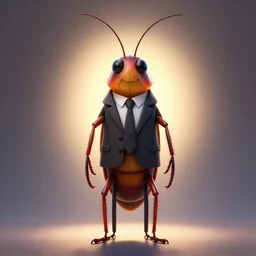 full body shot of a thin anthropomorphic cockroach wearing a suit with a tie, with long antennae, trending on artstation, trending on deviantart ,backlighting, 8k, hyper detail illustration, symmetrical, correct proportions, 3d render, by tim schafer, vibrant colors, by tim burton