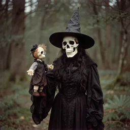 portrait of a witch wearing a skull mask holding a puppet in an ominous forest, 1 9 0 0 s photography