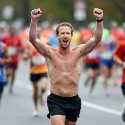 shirtless mark zuckerberg running marathon hands in air screaming shouting