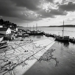 vintage map of nonexistent fishing port, black and white, photography