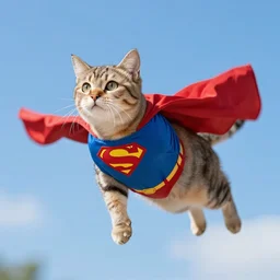 the cat dressed as superman is flying in the sky