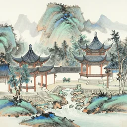 an elegant painting of jiangnan pavilions, terraces towers and langfang, mountain stream tinkled in the stone fountains by guanzhong wu, using chinese ink style, traditional chinese painting done in blues and greens landscape