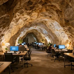 hyperrealistic photo of a coworking space in a cave with cave drawings on it, hd