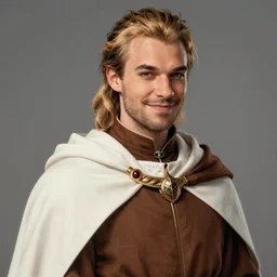 baldurs gate 2 portrait of a halfling cleric with defined cheekbones, dark blonde hair tied in a ponytail, wearing a brown and white robe with a white and brown cloak, wry smile