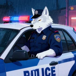 anthropomorphic wolf police officer with white fur sitting in his patrol car looking bored while it rains at night. Neon light. Renowned character illustration by greg rutkowski, thomas kindkade, alphonse mucha, loish, norman rockwell. Trending on furaffinity.