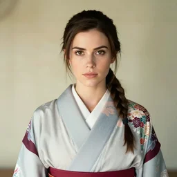 portrait of lara croft wearing kimono!, by charlotte grimm, natural light, detailed face, beautiful features, symmetrical, canon eos c 3 0 0, ƒ 1. 8, 3 5 mm, 8 k, medium - format print, half body shot