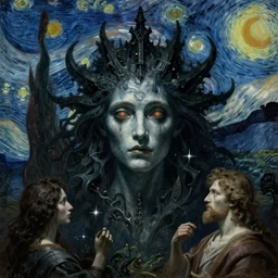 lovecraftian deity with a human face underwater, Gothic, dark, horror, scary, Renaissance painting, Vincent van Gough, michelangelo