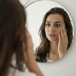 looking at hand in mirror
