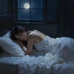 nighttime!!! oil painting of a beautiful sweaty!! young woman with insomnia in her bed, a dark!!! room lit dramatically from the side by diffuse moonlight through a black window, white sheets and white nightgown, backlit glow, beautiful, cool palette, art by sam yang