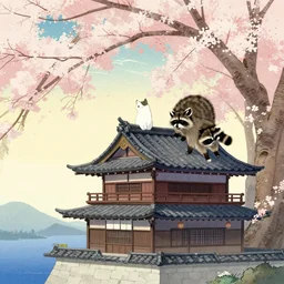 a cat and a racoon on the top of a medieval house next to japan cherry tree the style of Hokusai