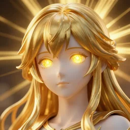3 d realistic sculpture of beautiful anime girl, face portrait, close up portrait, glowing eyes, golden colors, god rays