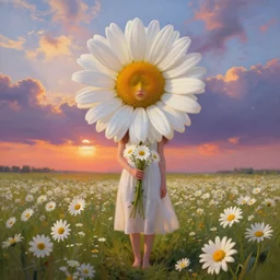 head and face made of giant daisies, girl standing barefoot in a flower field, holding flowers, surreal photography, sunrise dramatic light, impressionist painting, colorful clouds, large sky, digital painting, artstation, simon stalenhag, flower face